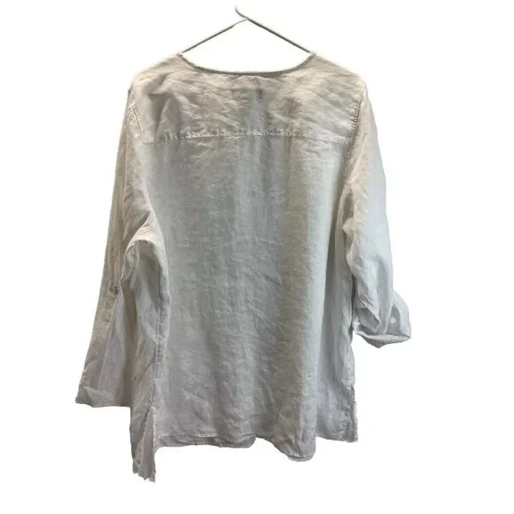 TAHARI Collarless Linen Tunic Size 2X Button Down Shirt White Roll Tab flowy - Picture 2 of 8